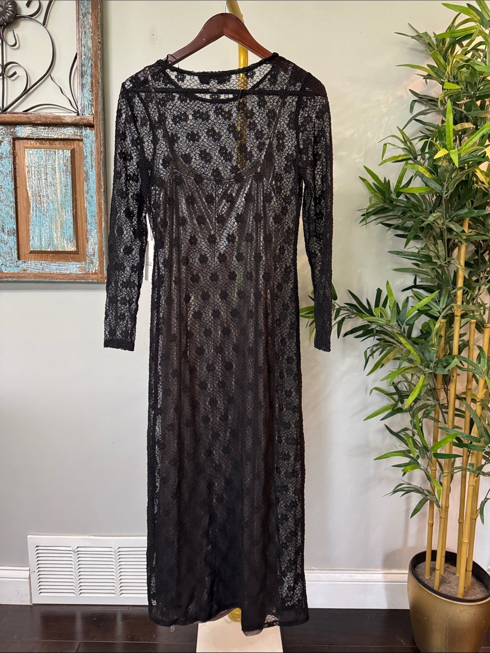CeCe Black Sheer Lace Long Sleeve metallic gold 2 piece Maxi Dress NEW S - Picture 7 of 14